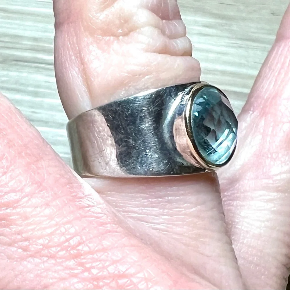 Vintage Designer Signed ATR Sterling Silver & 14K Gold Blue Topaz Ring, Size 6.5